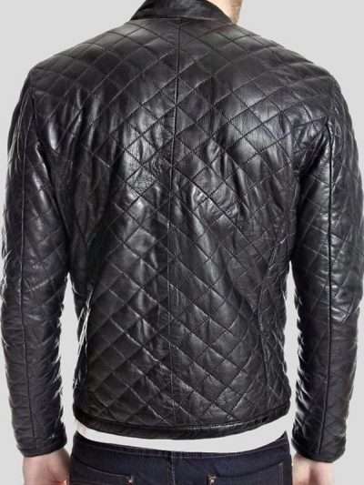 Quilted Men Snap Tab Collar Black Leather Jacket