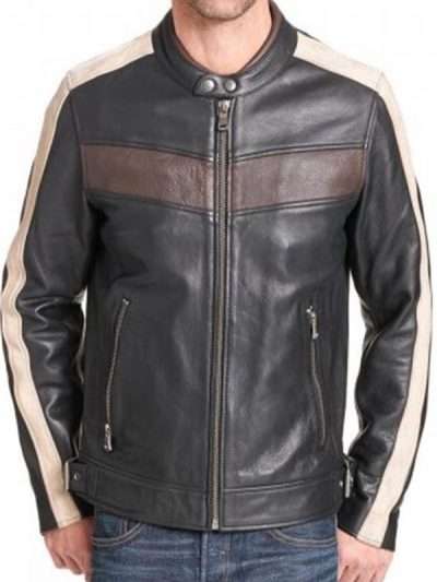 Men’s Vintage Striped Style Black Leather Jacket