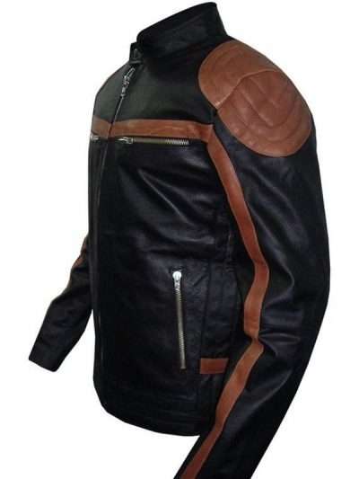 Men’s Snap Tab Collar Brown Strip Black Leather Jacket