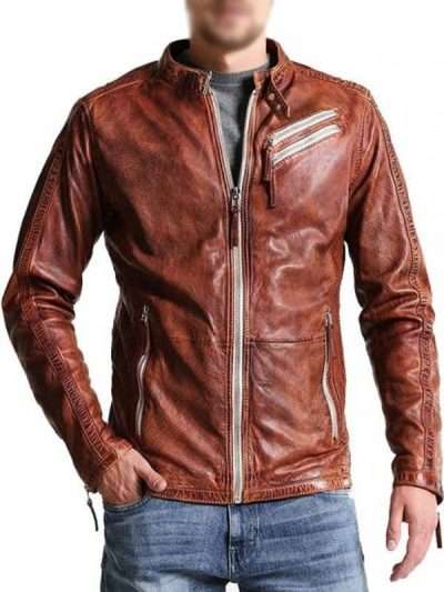 Men’s Vintage Belted Collar Distressed Brown Leather Jacket
