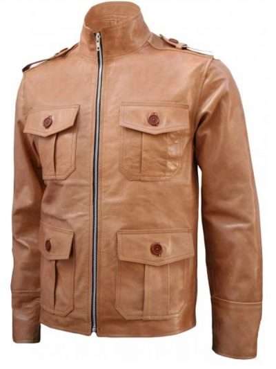 Four Pockets Men Brown Leather Jacket For Men