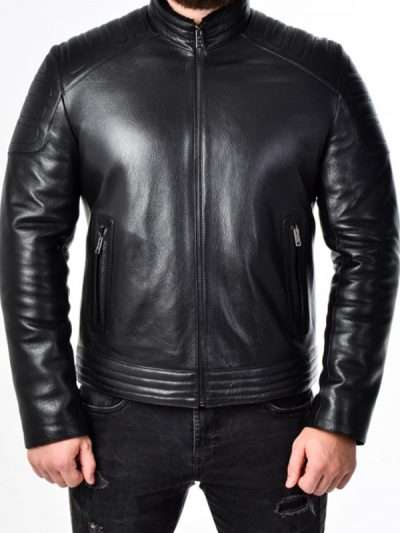Men’s Casual Slim Fit Black Real Leather Jacket