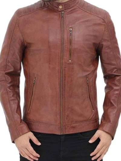 Men Casual Brown Snap Tab Real Leather Jacket