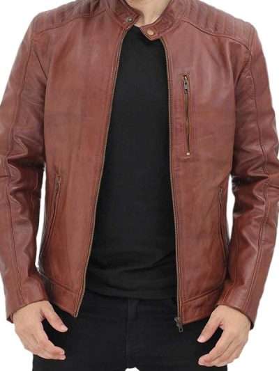 Men Casual Brown Snap Tab Real Leather Jacket