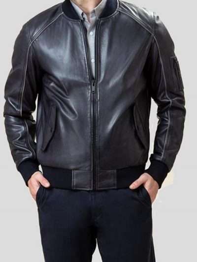 Men Sheepskin Casual Black Bomber Leather Jacket