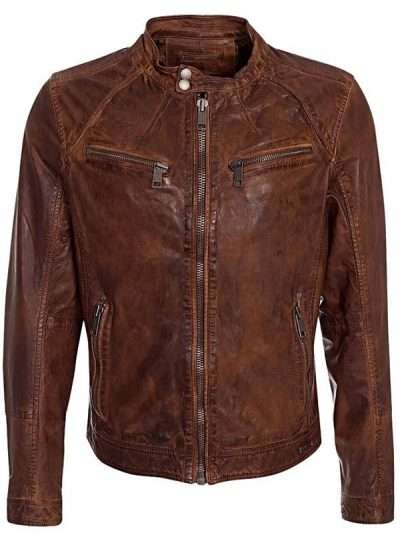 Men Casual Brown Snap Tab Collar Leather Jacket