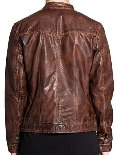 Men Casual Brown Snap Tab Collar Leather Jacket