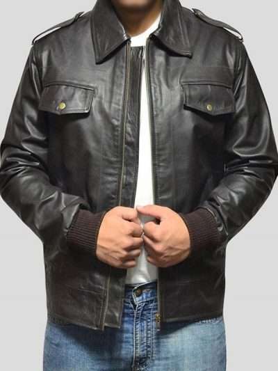 Casual Men Black Bomber Real Leather Jacket
