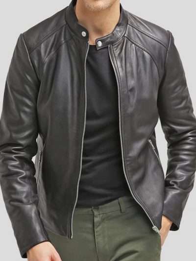 Men Cafe Racer Black Slim Fit Real Leather Jacket