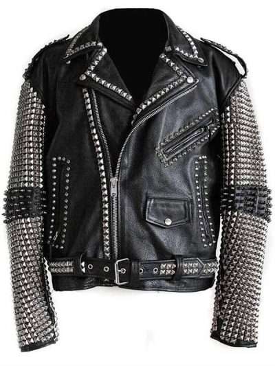 Men Stylish Black Punk Studded Biker Real Leather Jacket