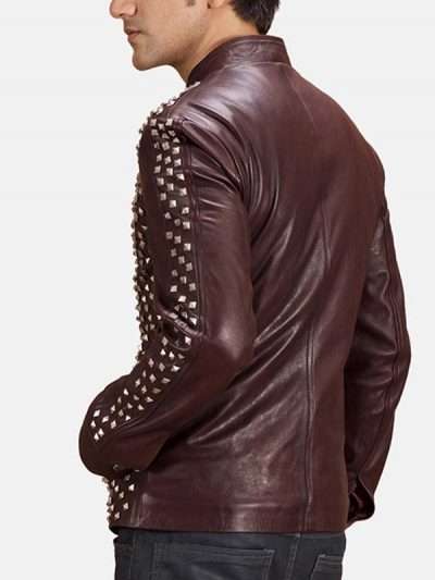 Men Snap Tab Studded Brown Real Leather Jacket
