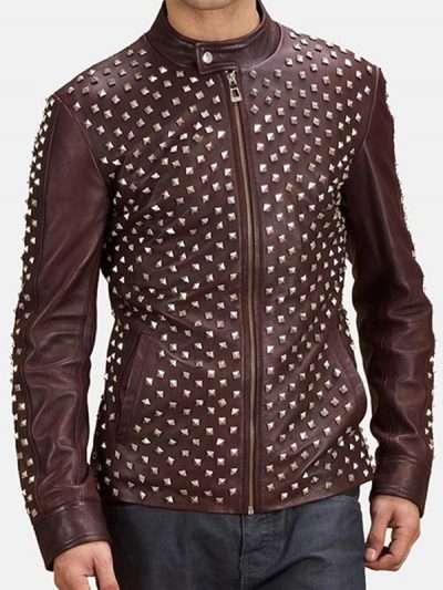 Men Snap Tab Studded Brown Real Leather Jacket