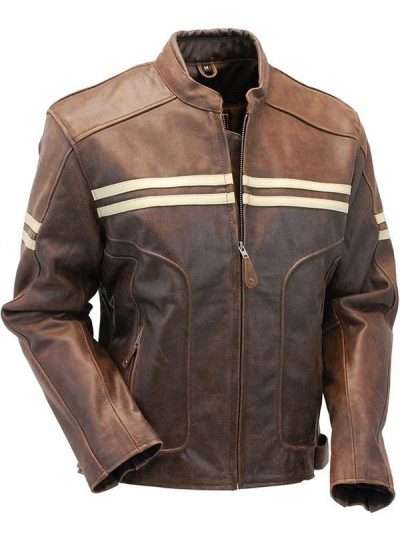 Distressed Brown Double Stripe Leather Jacket For Men