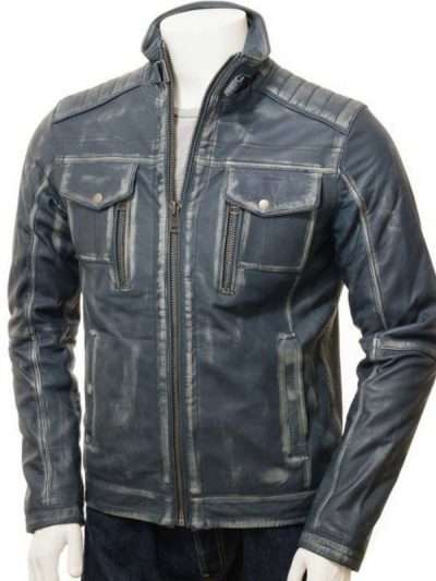 Men Black Cafe Racer Distressed Waxed Leather Jacket