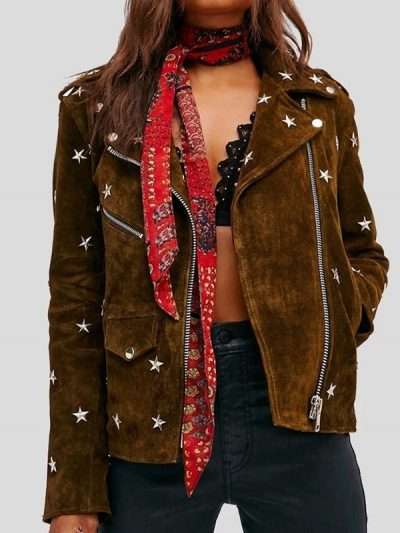 Women Stylish Studded Biker Brown Suede Leather Jacket