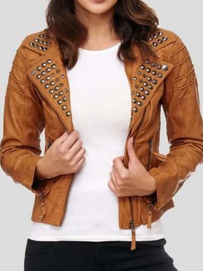 Womens Stylish Brown Studded Biker Leather Jacket