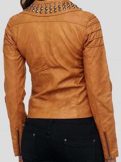 Womens Stylish Brown Studded Biker Leather Jacket