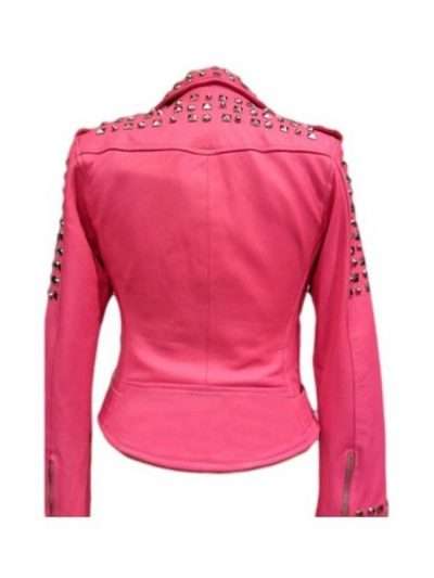 Golden Studded Biker Belted Pink Leather Jacket For Women