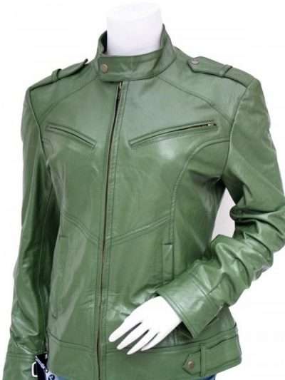 Cafe Racer Snap Tab Collar Green Leather Jacket For Women