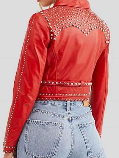 Studded Style Cropped Red Leather Jacket For Women’s