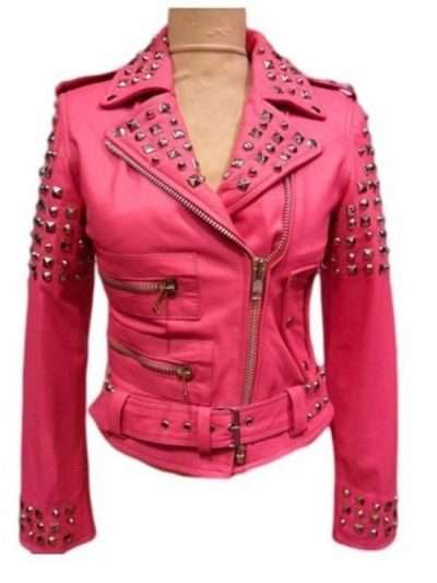Golden Studded Biker Belted Pink Leather Jacket For Women