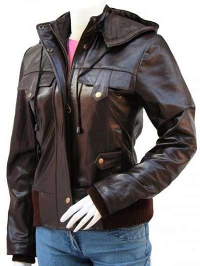 Women’s Classic Brown Hooded Leather Jacket