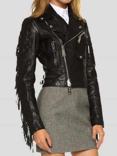 Black Cropped Biker Real Leather Women Jacket