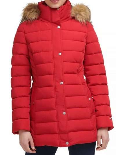 Women Red Puffer Hooded Jacket