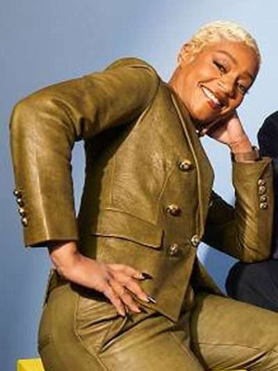 Tiffany Haddish Landscape with Invisible Hand Green Leather Blazer