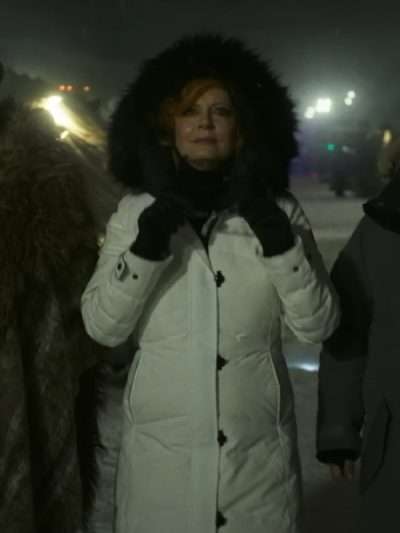 Susan Sarandon Blue Beetle 2023 White Puffer Coat