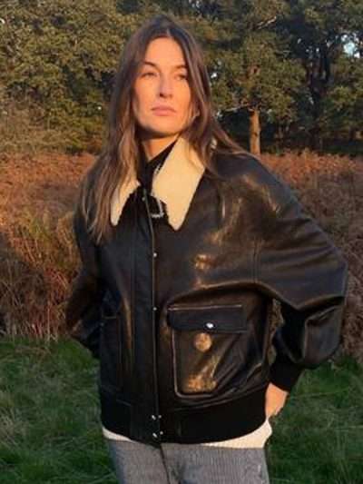 Alexa Chung Flight Bomber Black Leather Jacket