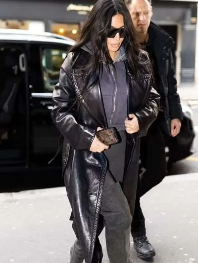 Kim Kardashian Black Leather Trench Coat