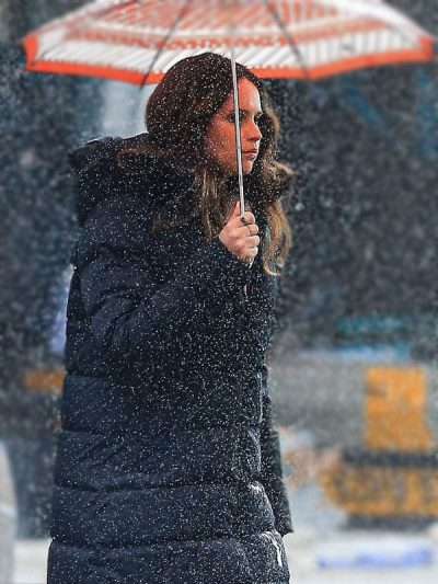 Felicity Jones Dead Shot Black Puffer Coat