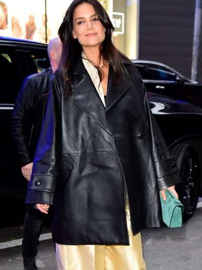 Katie Holmes Mikimoto130th Anniversary Black Leather Coat