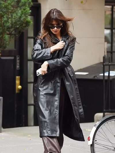 Emily Ratajkowski NYC Street 2023 Black Leather Trench Coat
