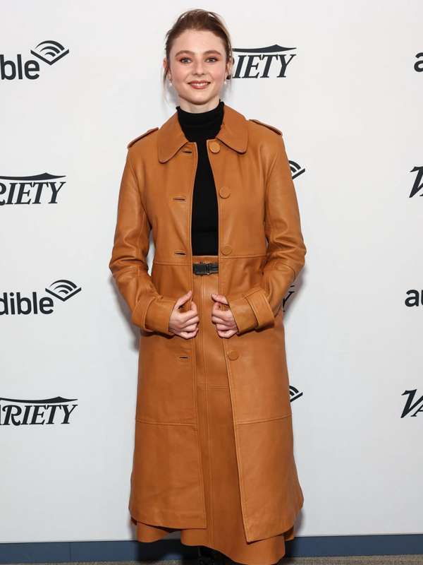 Thomasin McKenzie Eileen 2023 Brown Leather Coat