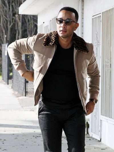 John Legend Street Style Los Angeles Shearling Bomber Jacket
