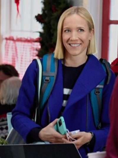 Jessy Schram Mystic Christmas 2023 Blue Wool Coat
