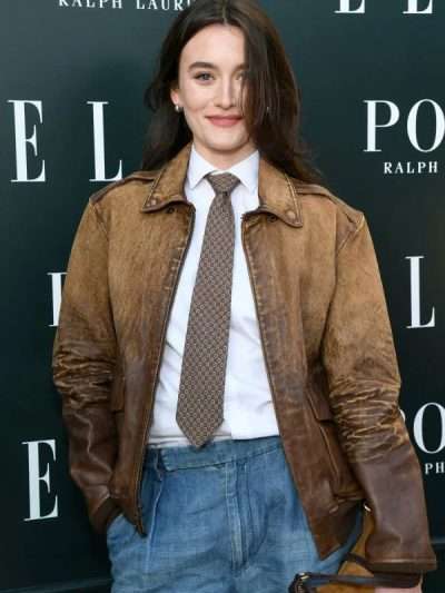Sarah Pidgeon ELLE Hollywood Rising 2023 Brown Leather Jacket
