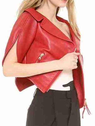 Heart Shaped Women Red Cropped Leather Jacket
