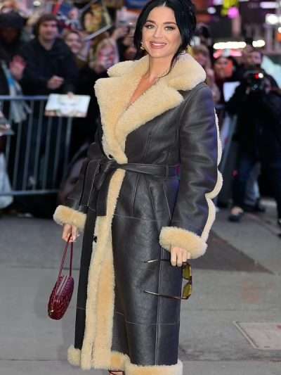 Katy Perry Good Morning America Studios Shearling Black Leather Coat
