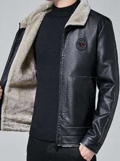 Men Casual Black Shearling Fur Leather Jacket