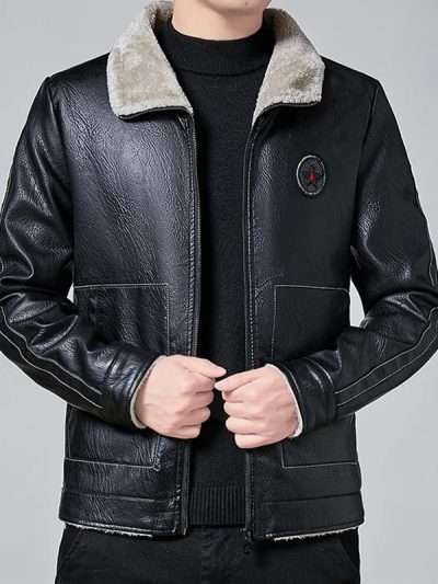 Men Black Casual Fur Leather Jacket