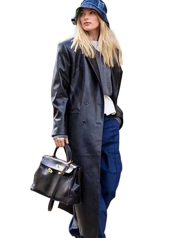 Elsa Hosk Street Style Black Leather Long Coat
