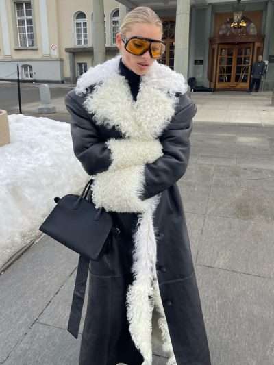 Elsa Hosk Black Shearling Leather Coat