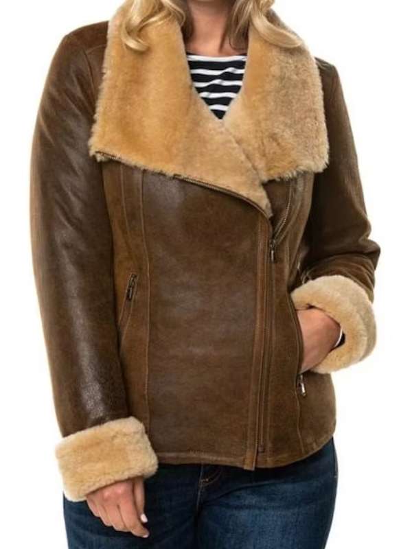 Women Distressed Brown Shearling Leather Jacket