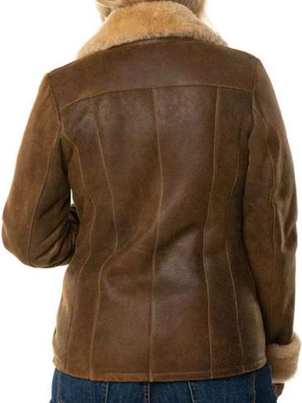 Women Distressed Brown Shearling Bomber Leather Jacket