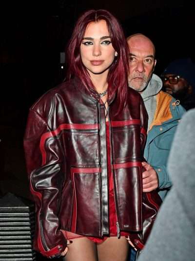 Dua Lipa BRIT Awards 2024 Maroon Leather Jacket