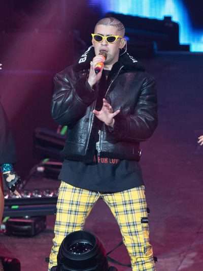 Bad Bunny American Airlines Arena Miami Florida Shearling Black Bomber Leather Jacket