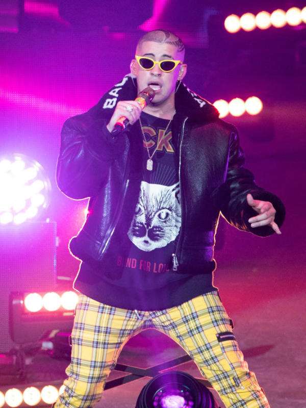 Bad Bunny American Airlines Arena Miami Florida Shearling Black Leather Jacket